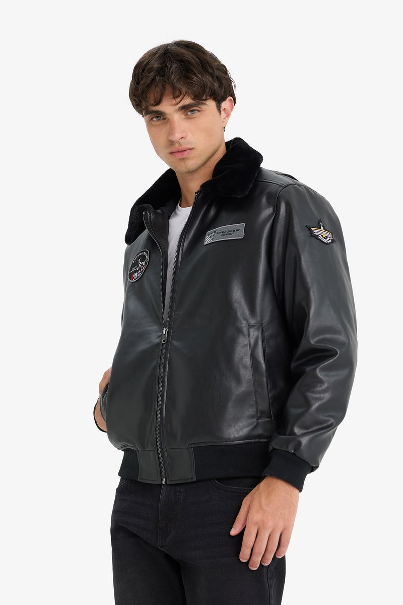 DeFacto Black Man Regular Fit Plush Collar Faux Leather Bomber Jacket Casual - Image 5
